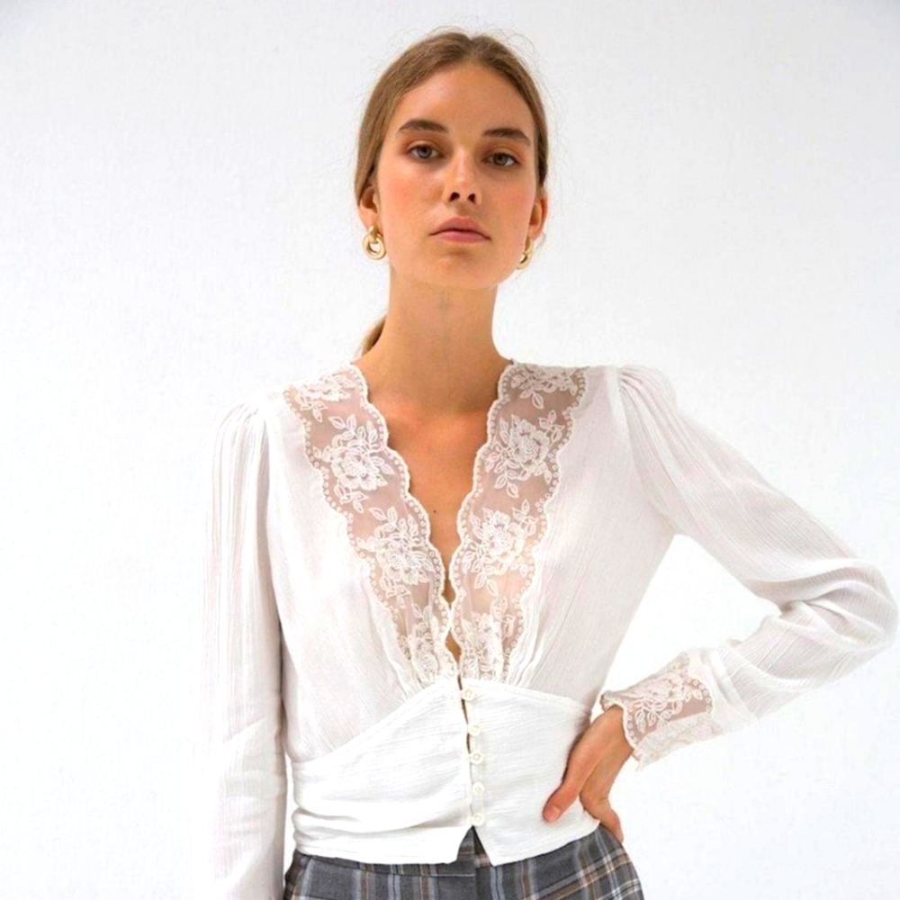 MUSIER PARIS Lace Button Up White Blouse